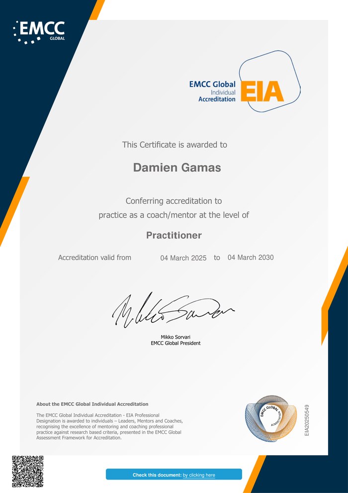 Certificat EMCC Global Individual Accreditation (EIA) — Damien Gamas, niveau Practitioner