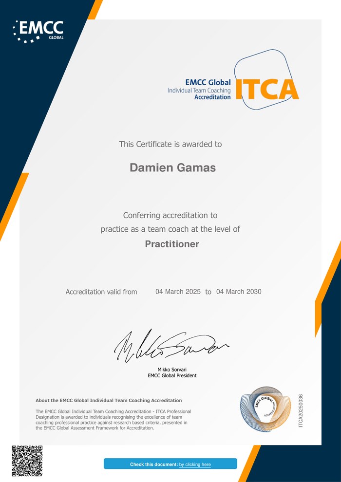 Certificat EMCC Global Individual Team Coaching Accreditation (ITCA) — Damien Gamas, niveau Practitioner